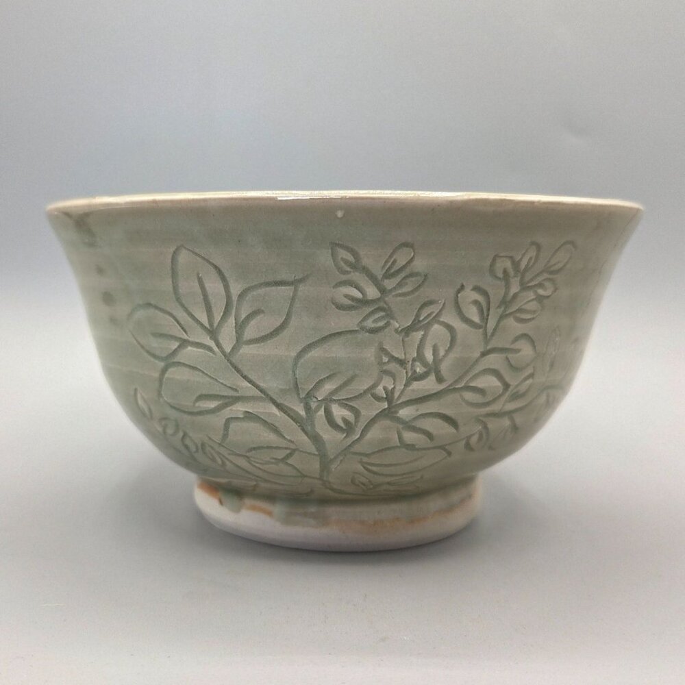 Handcrafted Pottery Wheel Bowl Engraved Botanical Design Green Crackle Glaze